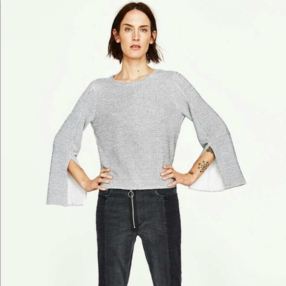 Zara Split Sleeve Ribbed Top with Check Pattern M